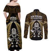 New Zealand Aotearoa Rugby Couples Matching Off Shoulder Maxi Dress and Long Sleeve Button Shirts NZ Tiki With Maori Fern World Cup Gold Version LT14 - Polynesian Pride