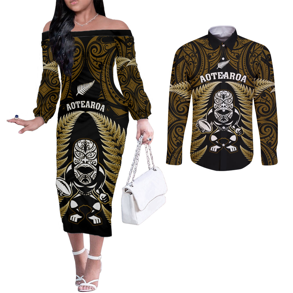 New Zealand Aotearoa Rugby Couples Matching Off The Shoulder Long Sleeve Dress and Long Sleeve Button Shirts NZ Tiki With Maori Fern World Cup Gold Version LT14 Gold - Polynesian Pride