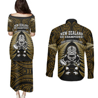 New Zealand Aotearoa Rugby Couples Matching Puletasi Dress and Long Sleeve Button Shirts NZ Tiki With Maori Fern World Cup Gold Version LT14 - Polynesian Pride