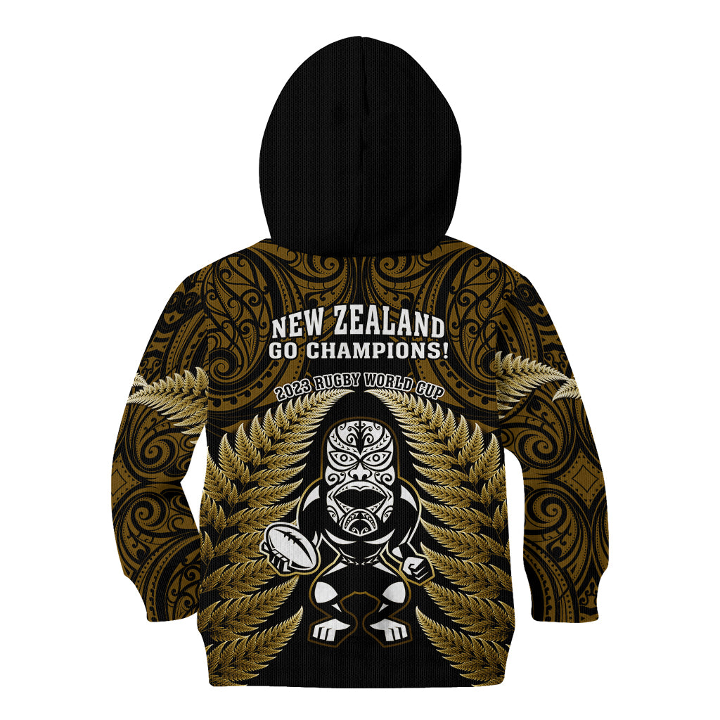 New Zealand Aotearoa Rugby Kid Hoodie NZ Tiki With Maori Fern World Cup Gold Version LT14 - Polynesian Pride