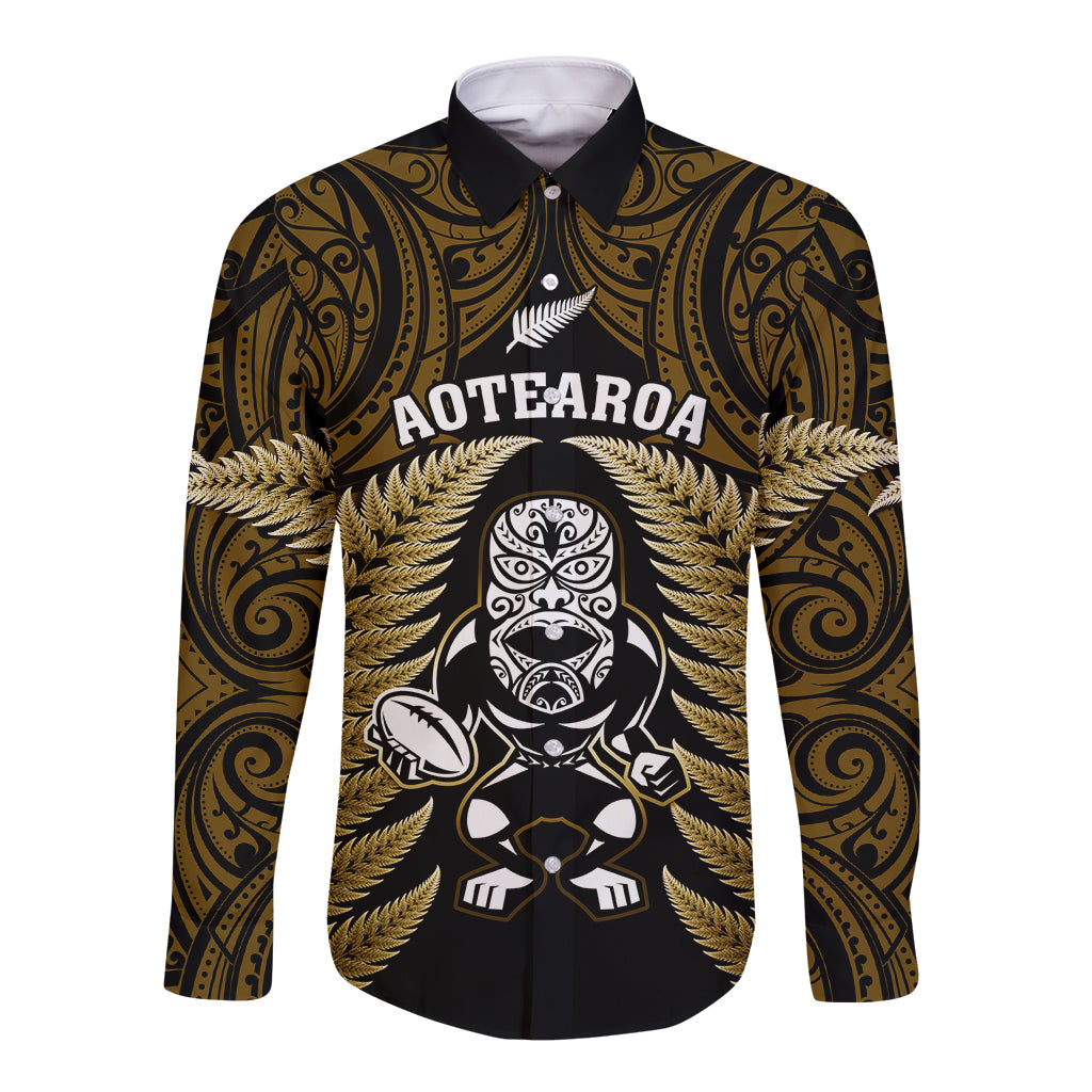 New Zealand Aotearoa Rugby Long Sleeve Button Shirt NZ Tiki With Maori Fern World Cup Gold Version LT14 Unisex Gold - Polynesian Pride