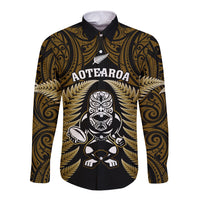 New Zealand Aotearoa Rugby Long Sleeve Button Shirt NZ Tiki With Maori Fern World Cup Gold Version LT14 Unisex Gold - Polynesian Pride