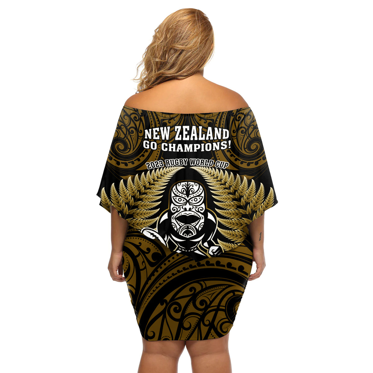New Zealand Aotearoa Rugby Off Shoulder Short Dress NZ Tiki With Maori Fern World Cup Gold Version LT14 - Polynesian Pride