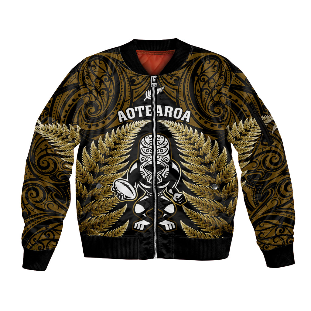 New Zealand Aotearoa Rugby Sleeve Zip Bomber Jacket NZ Tiki With Maori Fern World Cup Gold Version LT14 Unisex Gold - Polynesian Pride