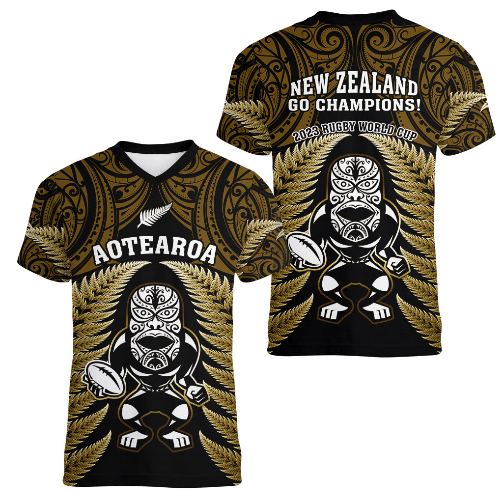 New Zealand Aotearoa Rugby Women V Neck T Shirt NZ Tiki With Maori Fern World Cup Gold Version LT14 - Polynesian Pride
