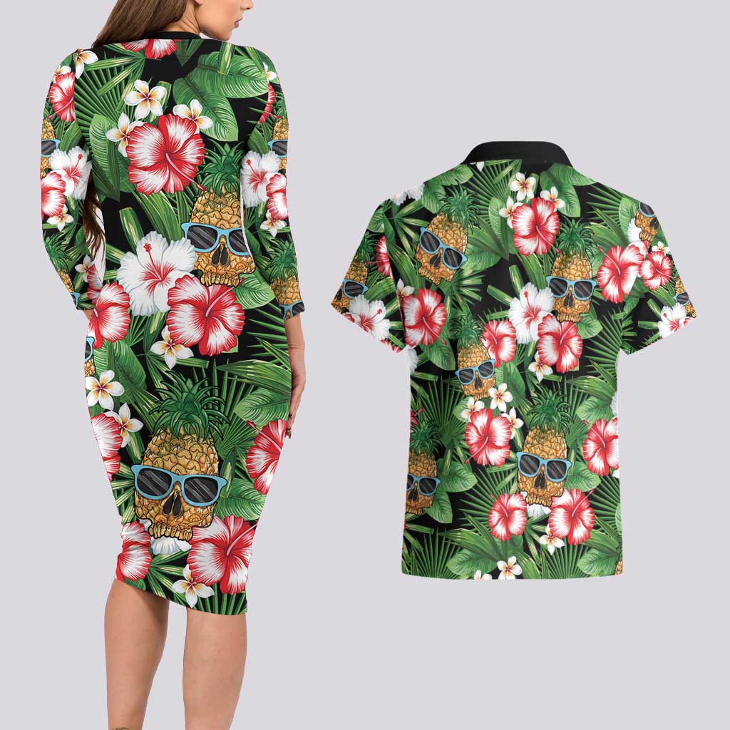 Pineapple Skull Aloha Hawaii Couples Matching Long Sleeve Bodycon Dress and Hawaiian Shirt Summer Vibes Tropical Seamless Pattern - Polynesian Pride