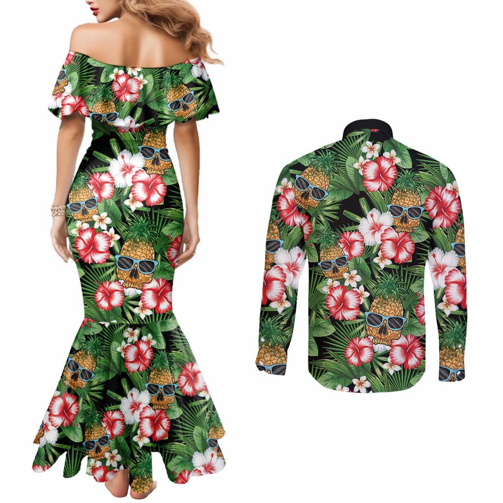 Pineapple Skull Aloha Hawaii Couples Matching Mermaid Dress and Long Sleeve Button Shirt Summer Vibes Tropical Seamless Pattern - Polynesian Pride