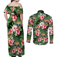 Pineapple Skull Aloha Hawaii Couples Matching Off Shoulder Maxi Dress and Long Sleeve Button Shirt Summer Vibes Tropical Seamless Pattern - Polynesian Pride