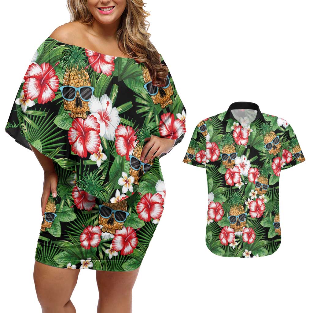 Pineapple Skull Aloha Hawaii Couples Matching Off Shoulder Short Dress and Hawaiian Shirt Summer Vibes Tropical Seamless Pattern - Polynesian Pride