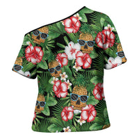 Pineapple Skull Aloha Hawaii Cross Shoulder Shirt Summer Vibes Tropical Seamless Pattern - Polynesian Pride