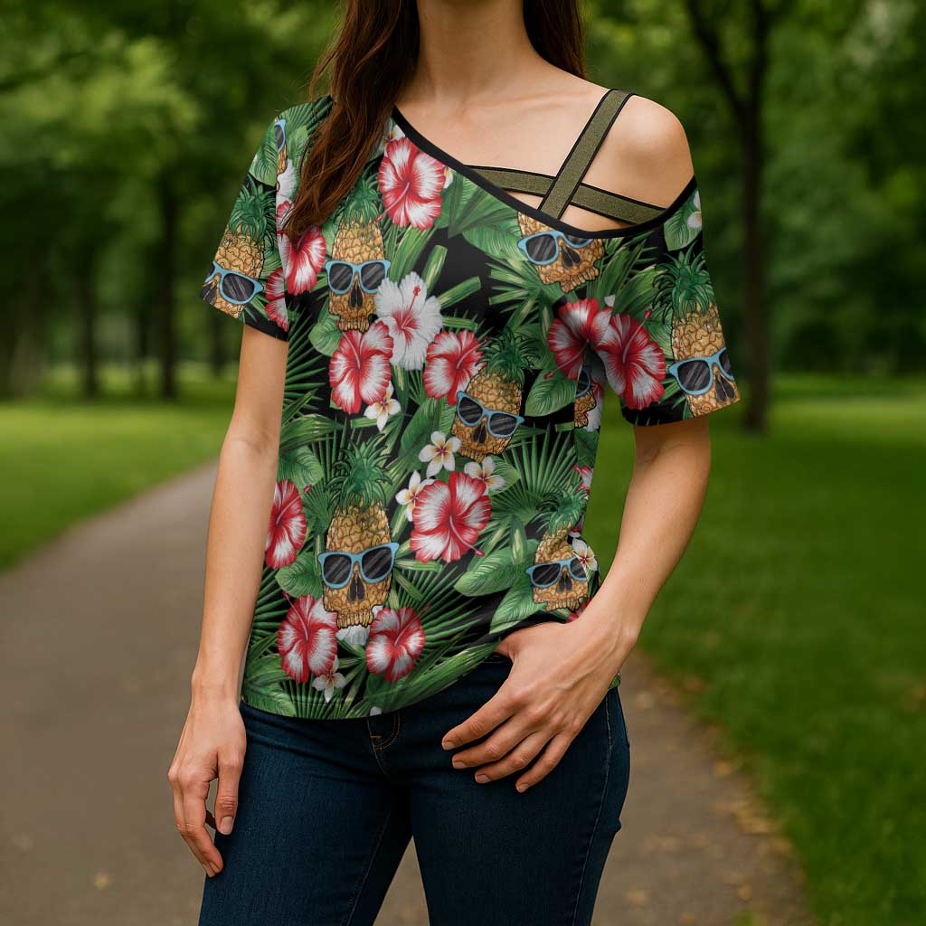 Pineapple Skull Aloha Hawaii Cross Shoulder Shirt Summer Vibes Tropical Seamless Pattern - Polynesian Pride