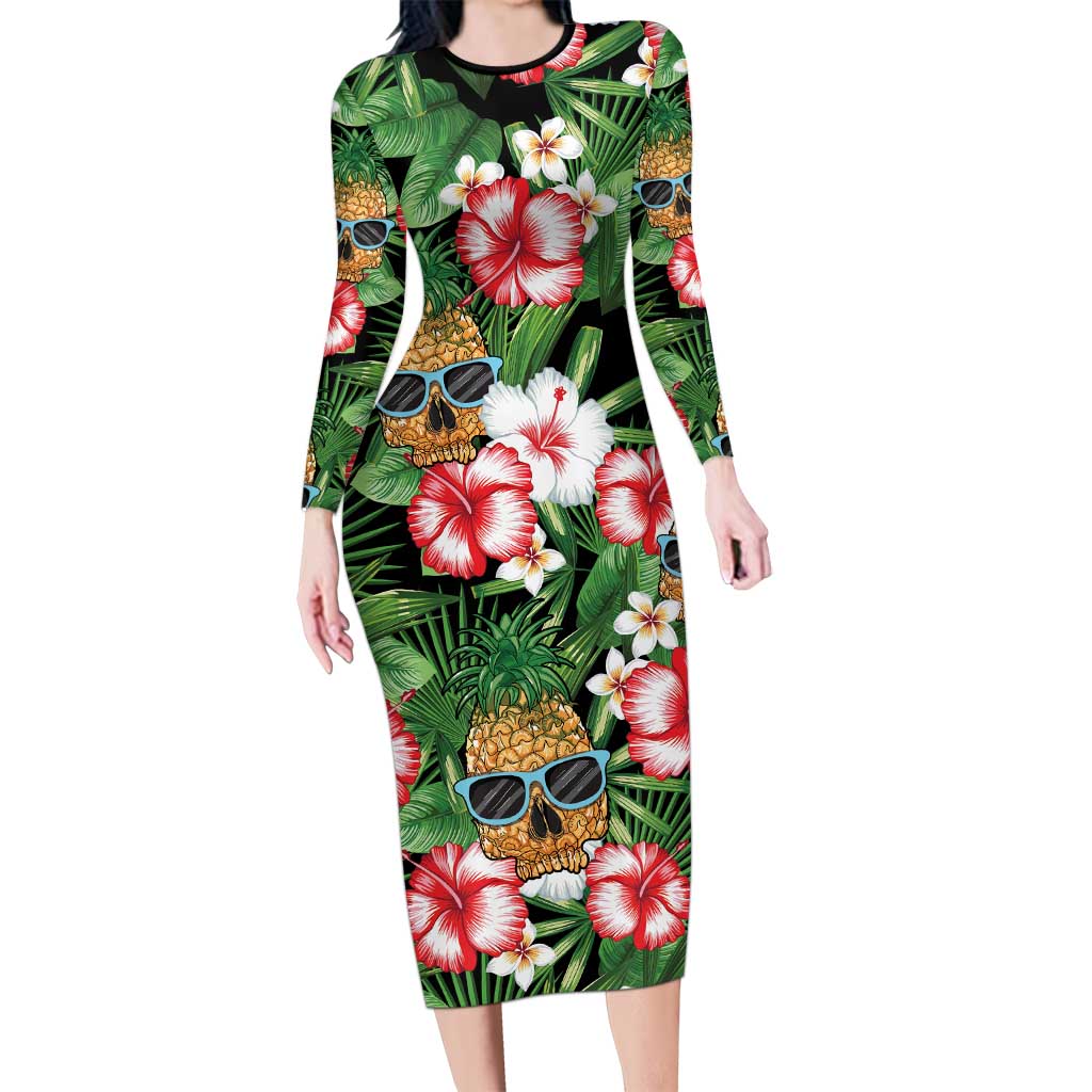 Pineapple Skull Aloha Hawaii Family Matching Long Sleeve Bodycon Dress and Hawaiian Shirt Summer Vibes Tropical Seamless Pattern - Polynesian Pride
