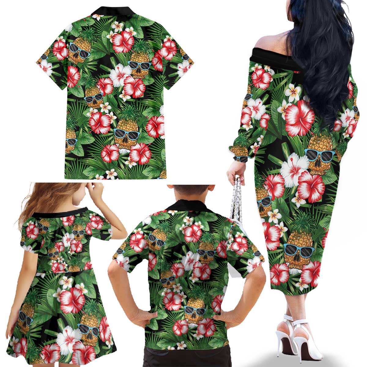Pineapple Skull Aloha Hawaii Family Matching Off The Shoulder Long Sleeve Dress and Hawaiian Shirt Summer Vibes Tropical Seamless Pattern - Polynesian Pride
