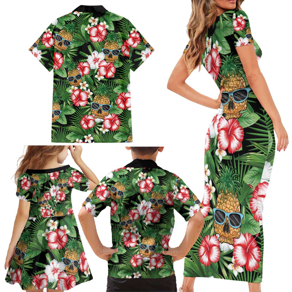 Pineapple Skull Aloha Hawaii Family Matching Short Sleeve Bodycon Dress and Hawaiian Shirt Summer Vibes Tropical Seamless Pattern - Polynesian Pride