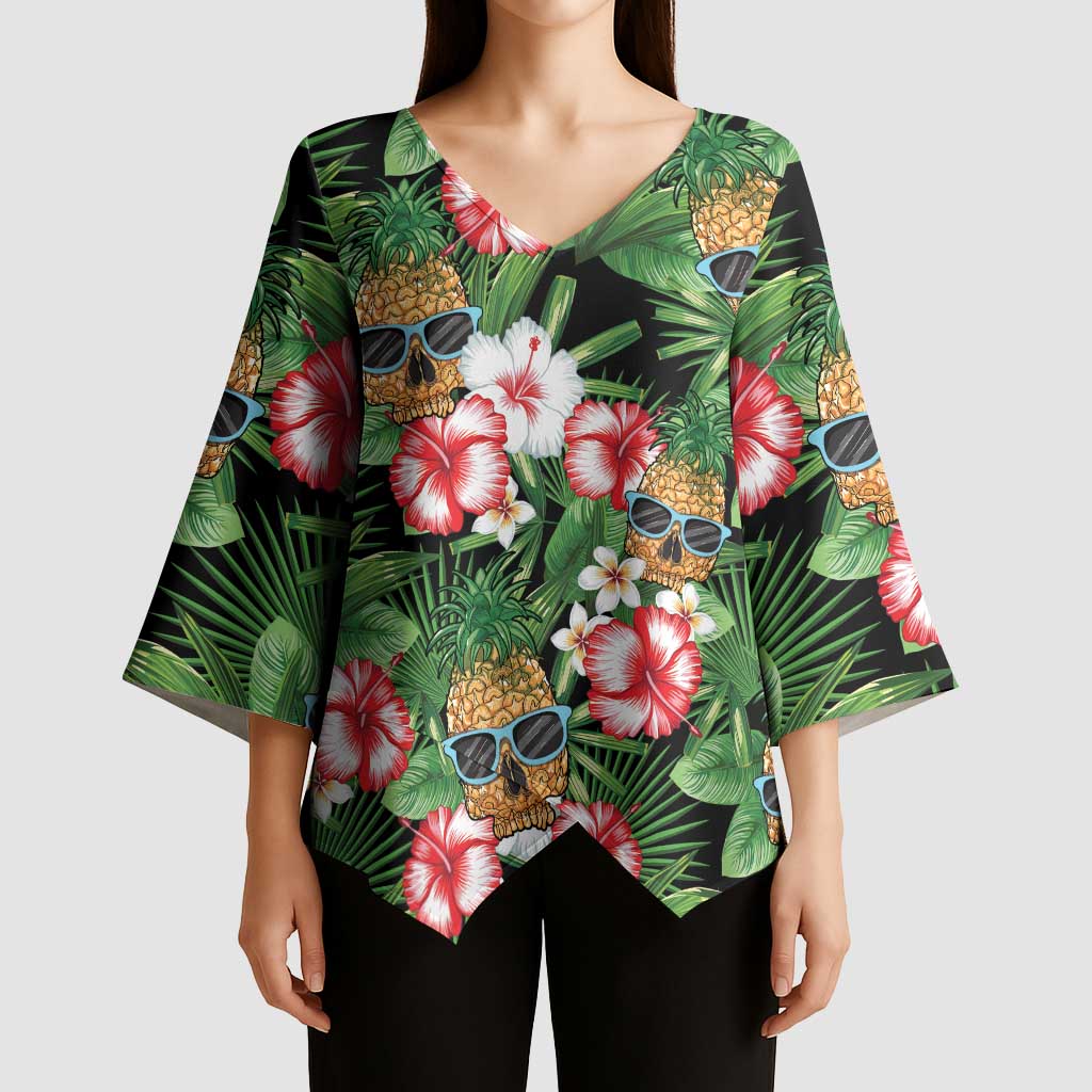 Pineapple Skull Aloha Hawaii Kimono Sleeve Blouse Summer Vibes Tropical Seamless Pattern - Polynesian Pride