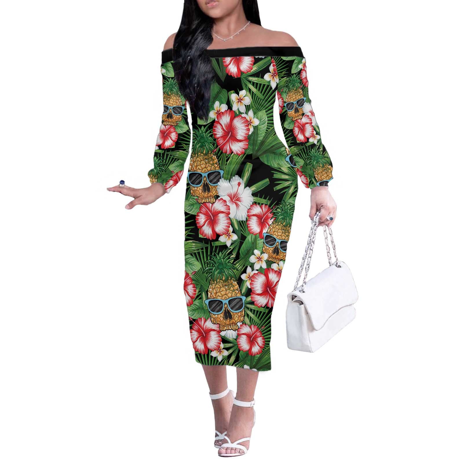 Pineapple Skull Aloha Hawaii Off The Shoulder Long Sleeve Dress Summer Vibes Tropical Seamless Pattern - Polynesian Pride