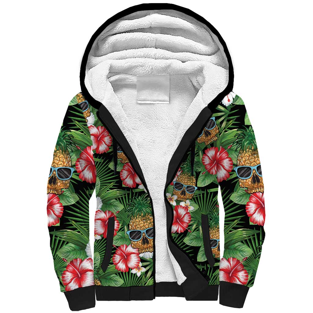 Pineapple Skull Aloha Hawaii Sherpa Hoodie Summer Vibes Tropical Seamless Pattern - Polynesian Pride