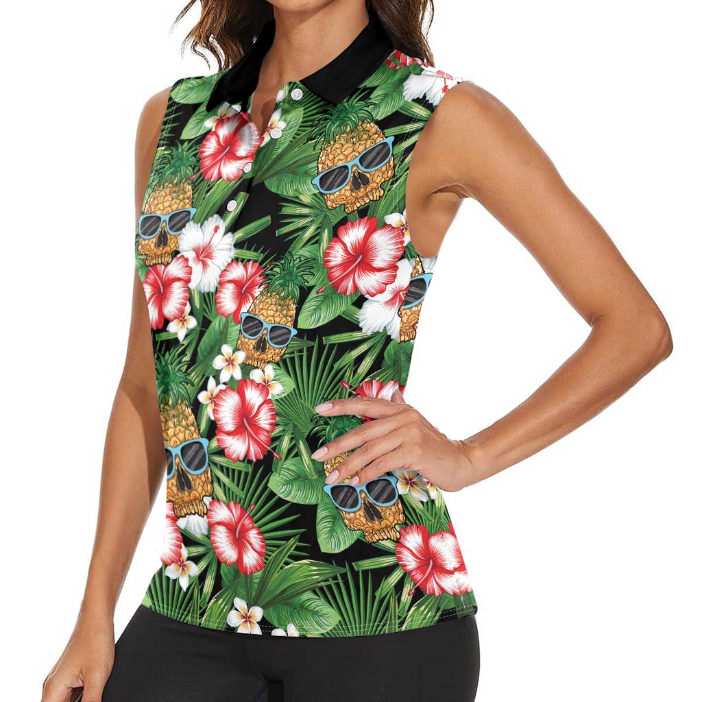 Pineapple Skull Aloha Hawaii Women Sleeveless Polo Shirt Summer Vibes Tropical Seamless Pattern - Polynesian Pride