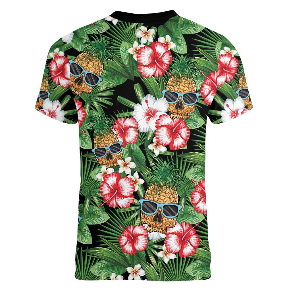 Pineapple Skull Aloha Hawaii Women V-Neck T-Shirt Summer Vibes Tropical Seamless Pattern - Polynesian Pride