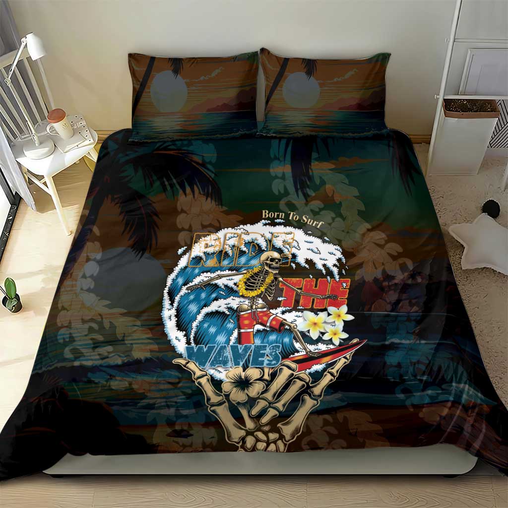 Aloha Hawaii Surfing Skull Bedding Set Shaka Skeleton Ride The Waves - Polynesian Pride