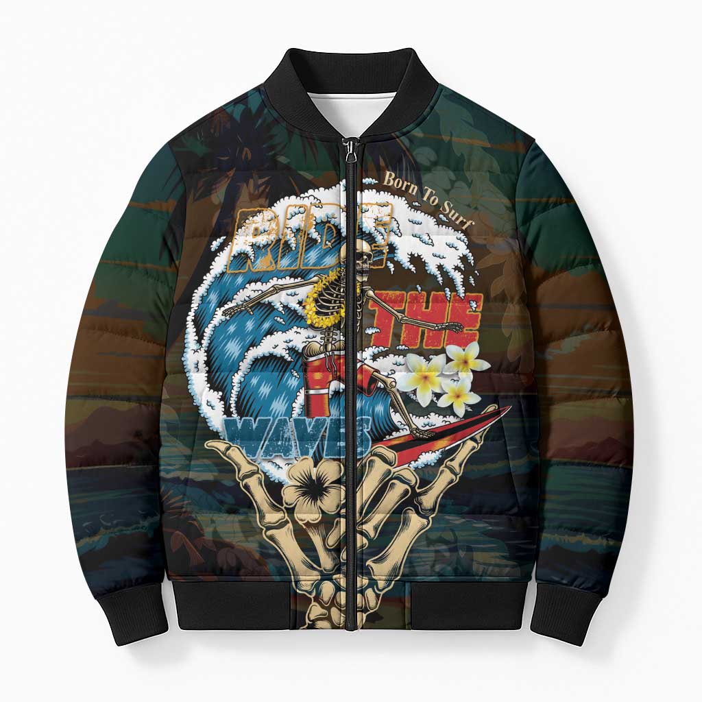 Aloha Hawaii Surfing Skull Bomber Puffer Jacket Shaka Skeleton Ride The Waves - Polynesian Pride