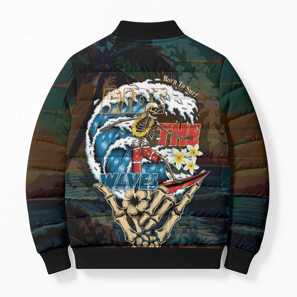 Aloha Hawaii Surfing Skull Bomber Puffer Jacket Shaka Skeleton Ride The Waves - Polynesian Pride