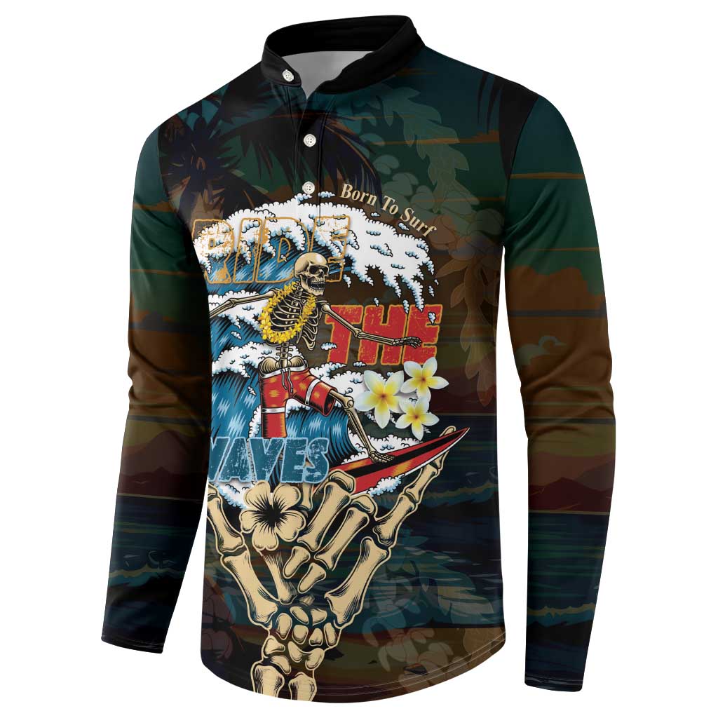 Aloha Hawaii Surfing Skull Button Sweatshirt Shaka Skeleton Ride The Waves - Polynesian Pride