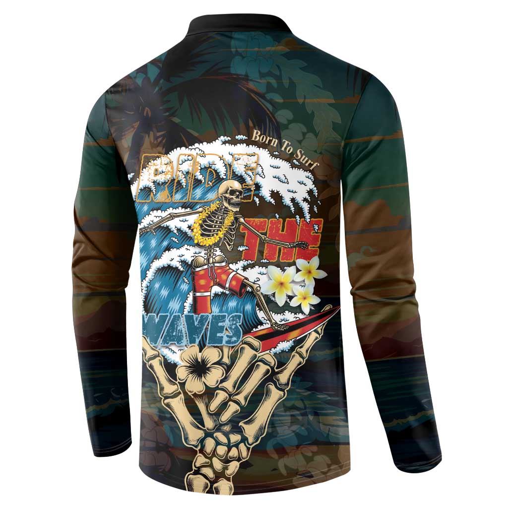 Aloha Hawaii Surfing Skull Button Sweatshirt Shaka Skeleton Ride The Waves - Polynesian Pride