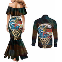 Aloha Hawaii Surfing Skull Couples Matching Mermaid Dress and Long Sleeve Button Shirt Shaka Skeleton Ride The Waves - Polynesian Pride
