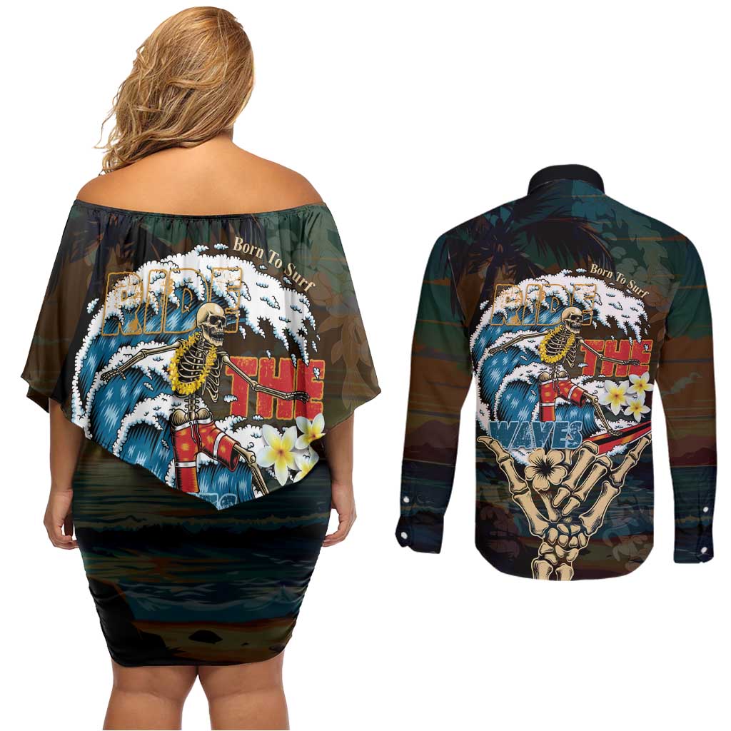 Aloha Hawaii Surfing Skull Couples Matching Off Shoulder Short Dress and Long Sleeve Button Shirt Shaka Skeleton Ride The Waves - Polynesian Pride