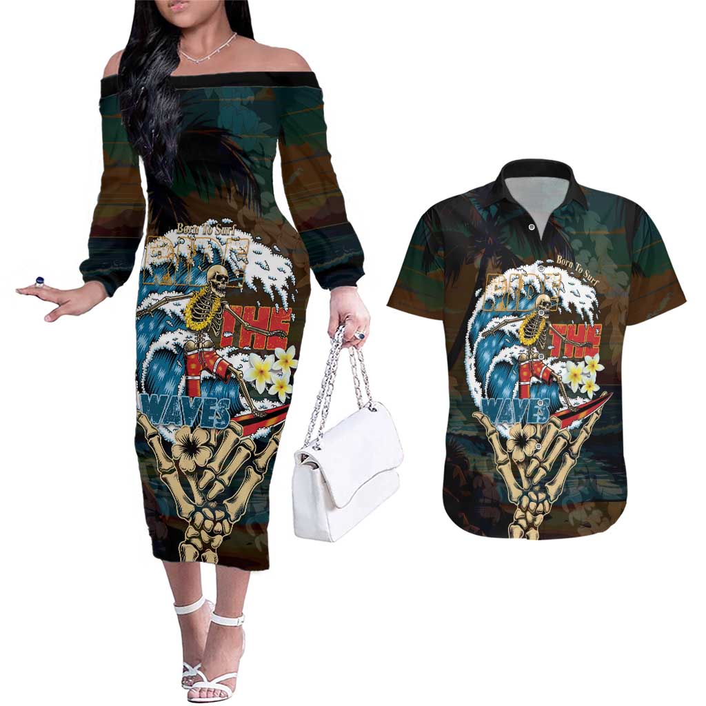Aloha Hawaii Surfing Skull Couples Matching Off The Shoulder Long Sleeve Dress and Hawaiian Shirt Shaka Skeleton Ride The Waves - Polynesian Pride
