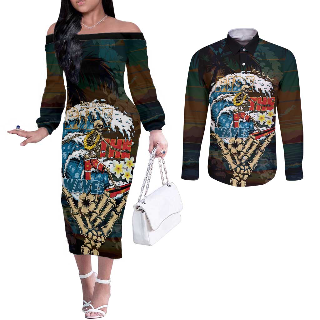Aloha Hawaii Surfing Skull Couples Matching Off The Shoulder Long Sleeve Dress and Long Sleeve Button Shirt Shaka Skeleton Ride The Waves - Polynesian Pride