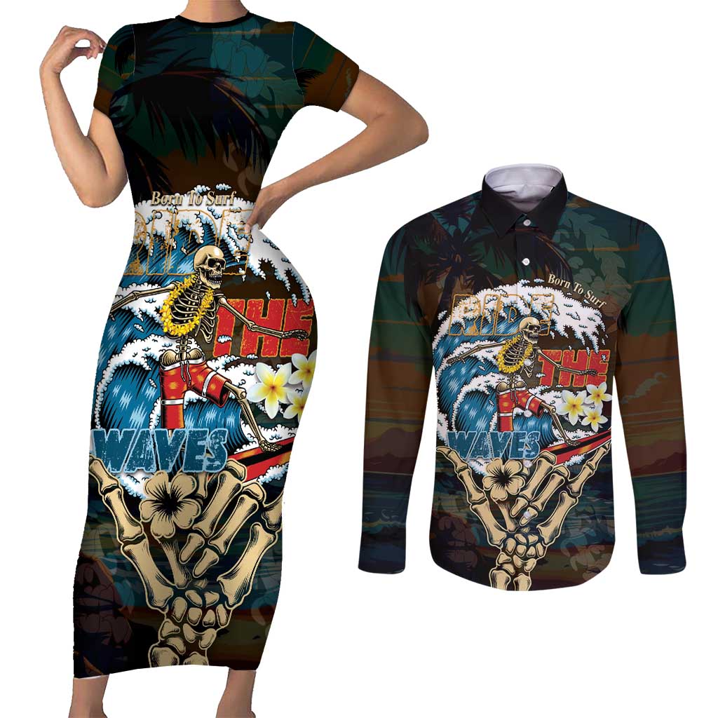 Aloha Hawaii Surfing Skull Couples Matching Short Sleeve Bodycon Dress and Long Sleeve Button Shirt Shaka Skeleton Ride The Waves - Polynesian Pride