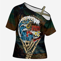 Aloha Hawaii Surfing Skull Cross Shoulder Shirt Shaka Skeleton Ride The Waves - Polynesian Pride