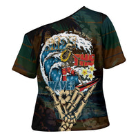 Aloha Hawaii Surfing Skull Cross Shoulder Shirt Shaka Skeleton Ride The Waves - Polynesian Pride