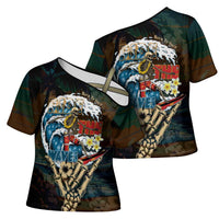 Aloha Hawaii Surfing Skull Cross Shoulder Shirt Shaka Skeleton Ride The Waves - Polynesian Pride