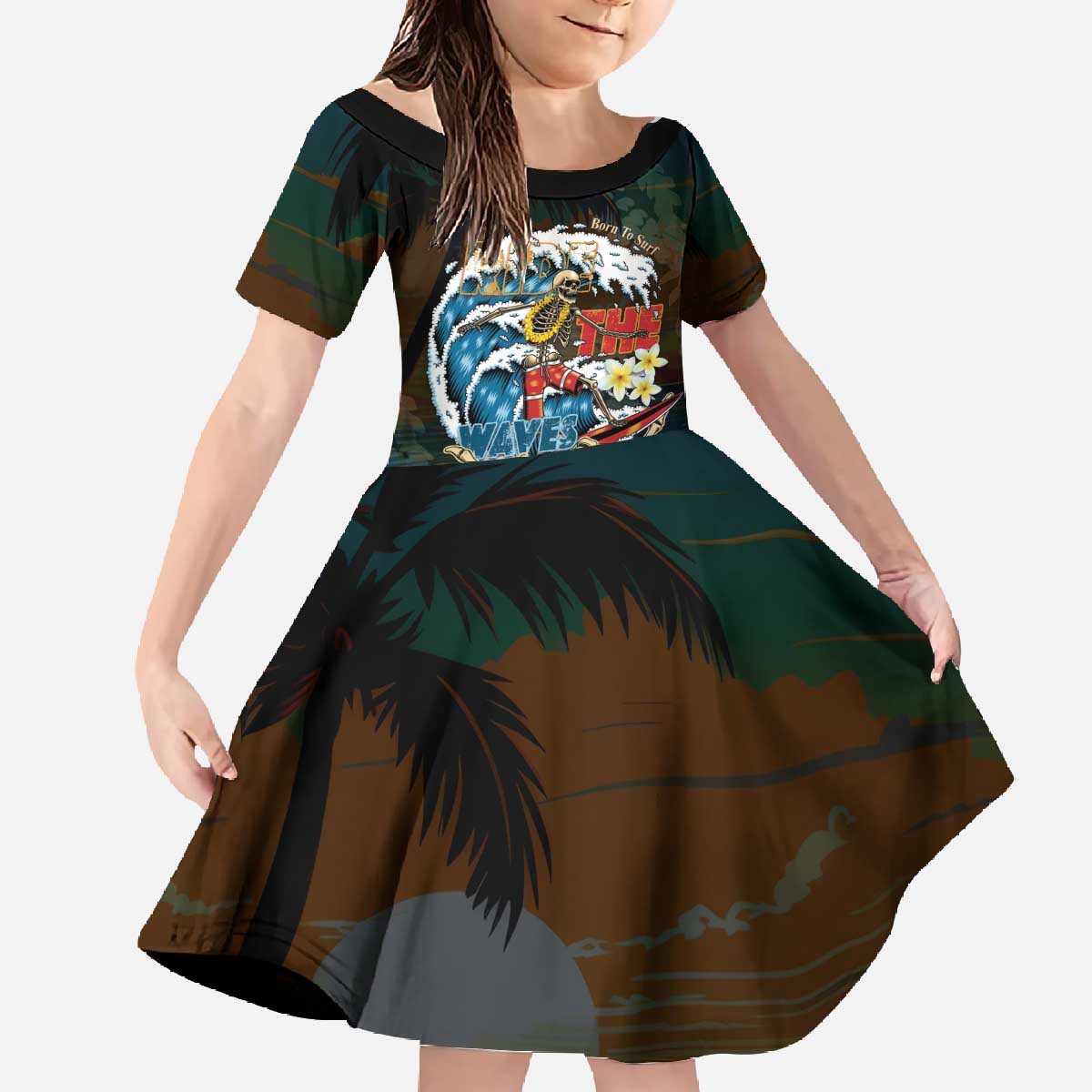 Aloha Hawaii Surfing Skull Family Matching Off The Shoulder Long Sleeve Dress and Hawaiian Shirt Shaka Skeleton Ride The Waves - Polynesian Pride