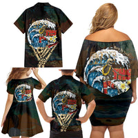Aloha Hawaii Surfing Skull Family Matching Off Shoulder Short Dress and Hawaiian Shirt Shaka Skeleton Ride The Waves - Polynesian Pride