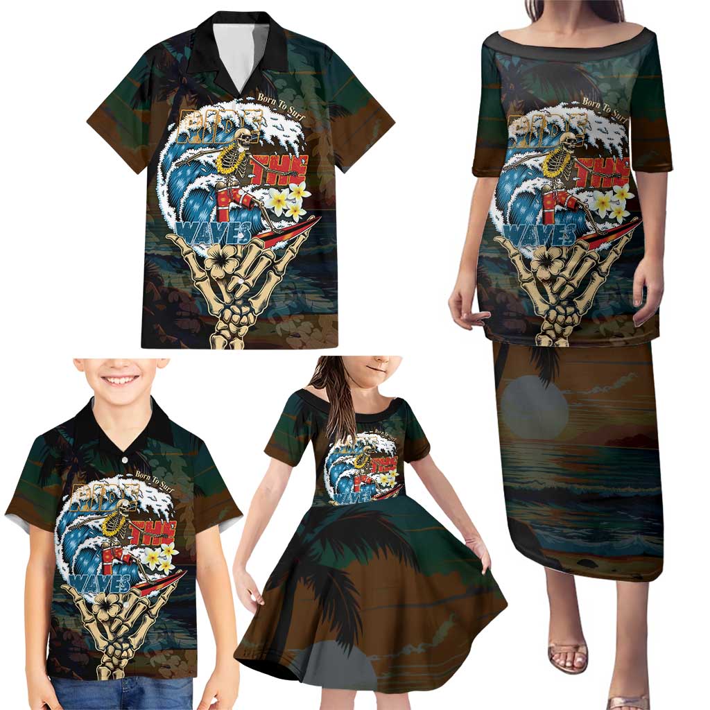 Aloha Hawaii Surfing Skull Family Matching Puletasi and Hawaiian Shirt Shaka Skeleton Ride The Waves - Polynesian Pride