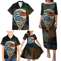 Aloha Hawaii Surfing Skull Family Matching Puletasi and Hawaiian Shirt Shaka Skeleton Ride The Waves - Polynesian Pride