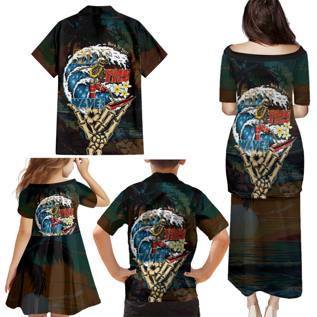 Aloha Hawaii Surfing Skull Family Matching Puletasi and Hawaiian Shirt Shaka Skeleton Ride The Waves - Polynesian Pride