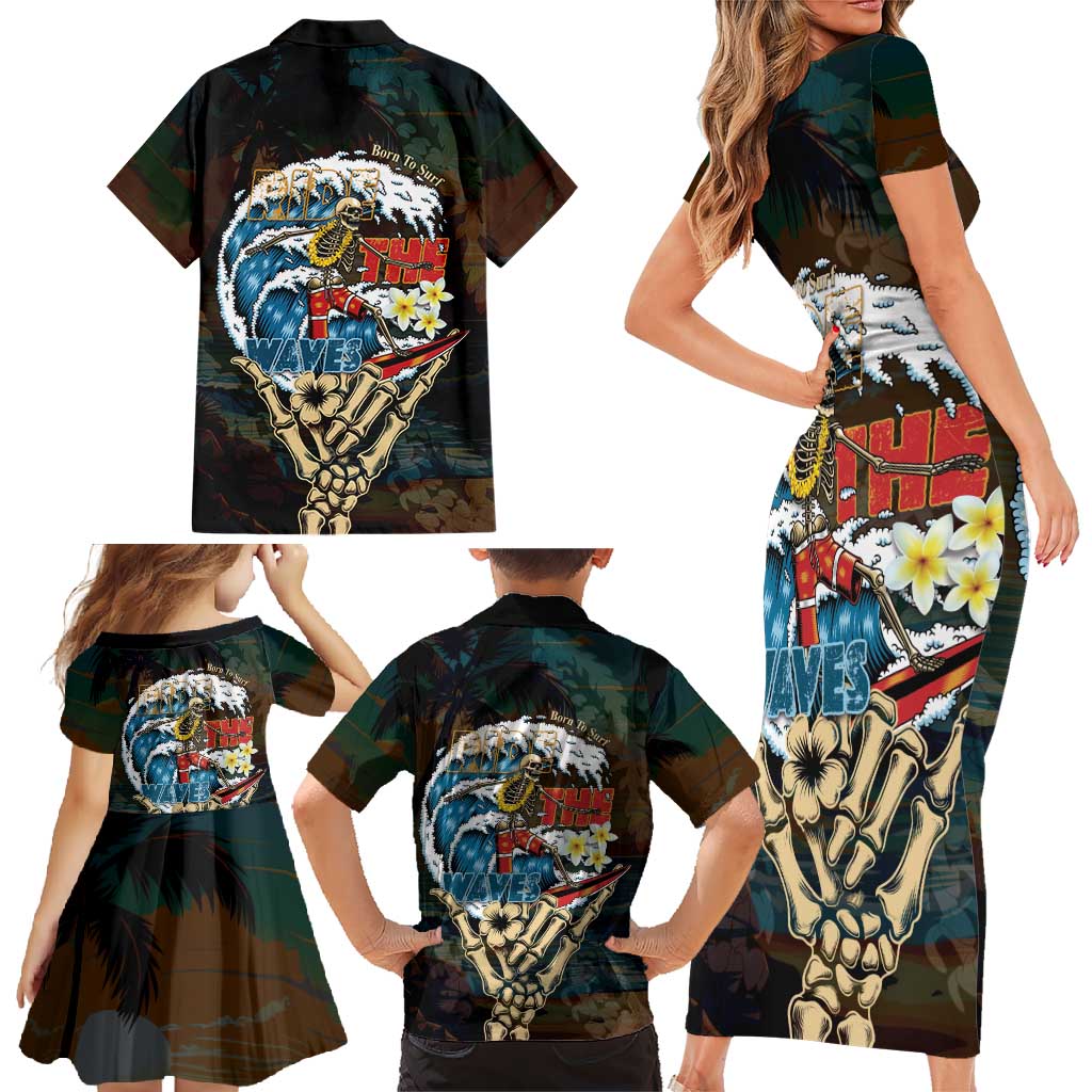 Aloha Hawaii Surfing Skull Family Matching Short Sleeve Bodycon Dress and Hawaiian Shirt Shaka Skeleton Ride The Waves - Polynesian Pride