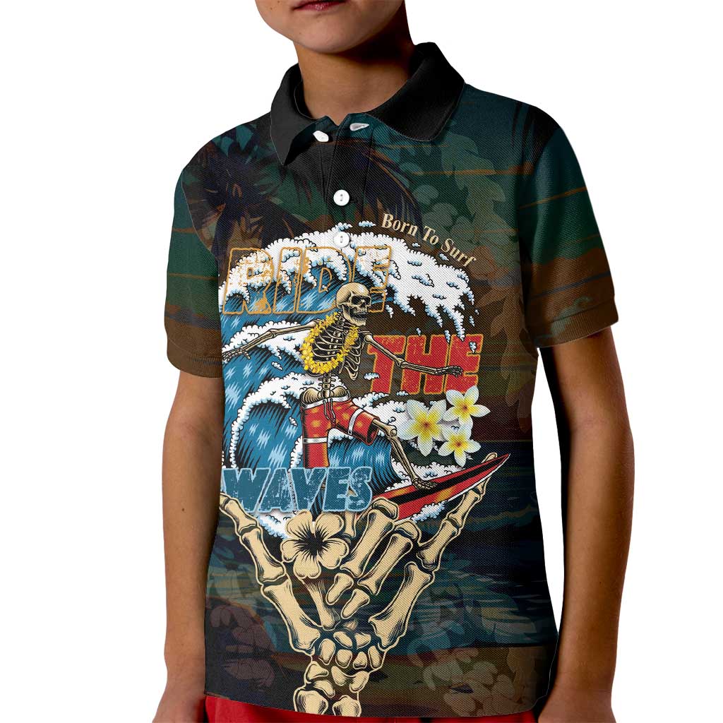 Aloha Hawaii Surfing Skull Kid Polo Shirt Shaka Skeleton Ride The Waves LT14 Kid Black - Polynesian Pride