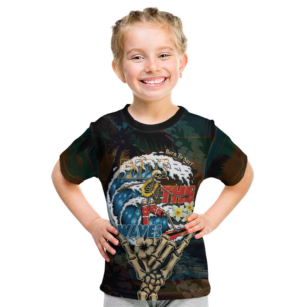 Aloha Hawaii Surfing Skull Kid T Shirt Shaka Skeleton Ride The Waves LT14 Black - Polynesian Pride