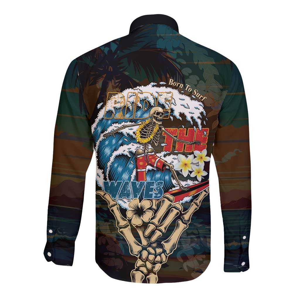 Aloha Hawaii Surfing Skull Long Sleeve Button Shirt Shaka Skeleton Ride The Waves - Polynesian Pride