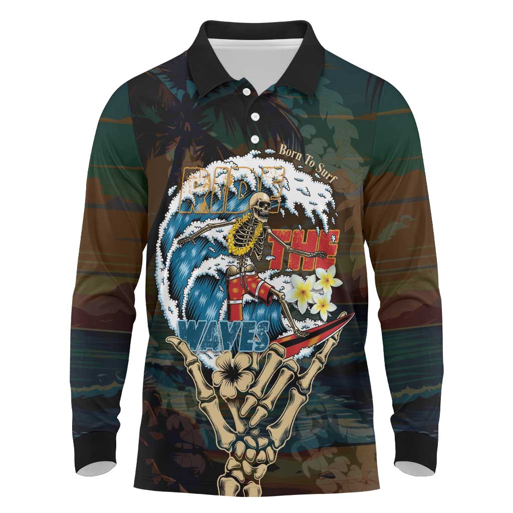 Aloha Hawaii Surfing Skull Long Sleeve Polo Shirt Shaka Skeleton Ride The Waves - Polynesian Pride