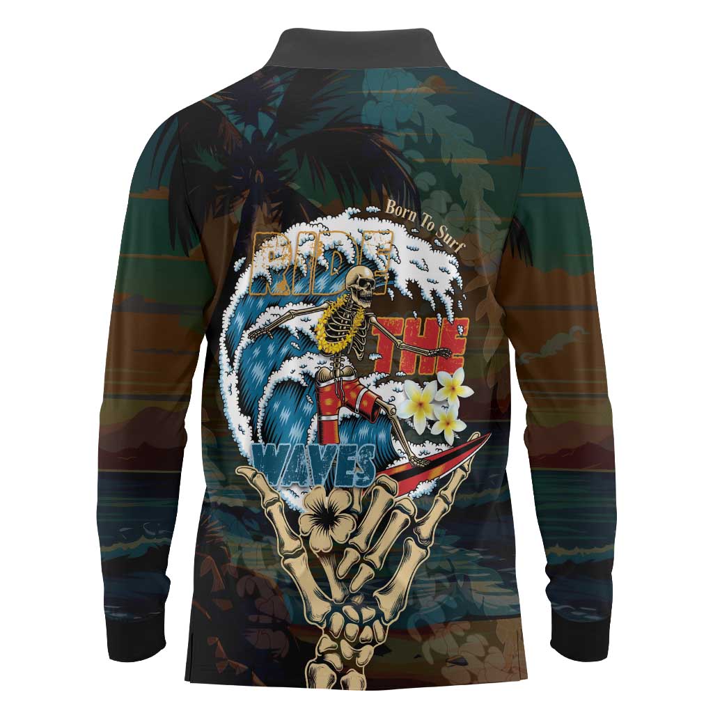 Aloha Hawaii Surfing Skull Long Sleeve Polo Shirt Shaka Skeleton Ride The Waves - Polynesian Pride