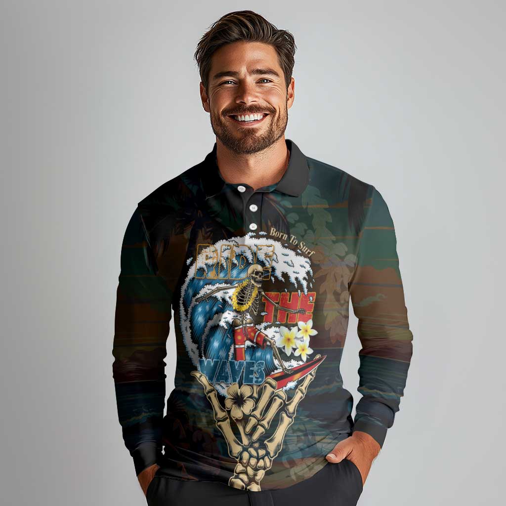 Aloha Hawaii Surfing Skull Long Sleeve Polo Shirt Shaka Skeleton Ride The Waves - Polynesian Pride