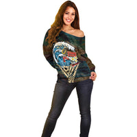 Aloha Hawaii Surfing Skull Off Shoulder Sweater Shaka Skeleton Ride The Waves - Polynesian Pride