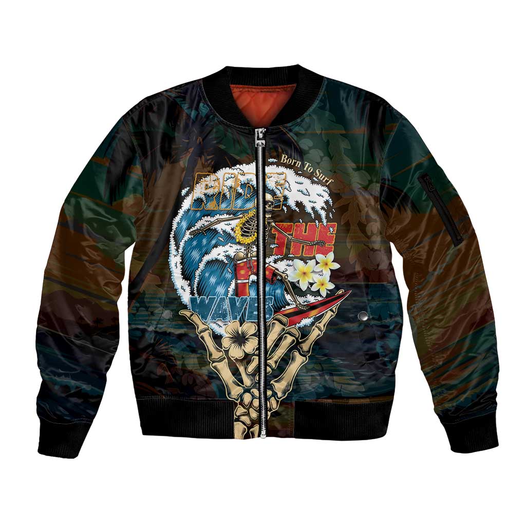 Aloha Hawaii Surfing Skull Sleeve Zip Bomber Jacket Shaka Skeleton Ride The Waves LT14 Unisex Black - Polynesian Pride
